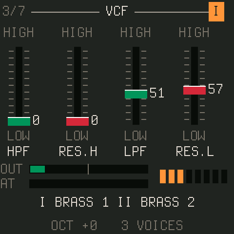 The VCF page: four sliders with colour-coded caps